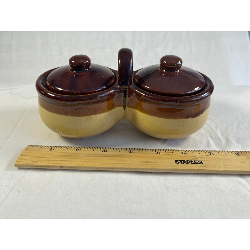 Vintage Glazed Stoneware Double Condiment Jelly Salt and Pepper with Lids Mint